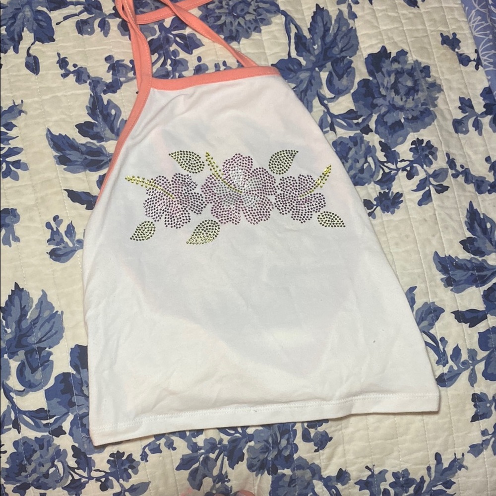White Hibiscus Halter Top with Floral Design